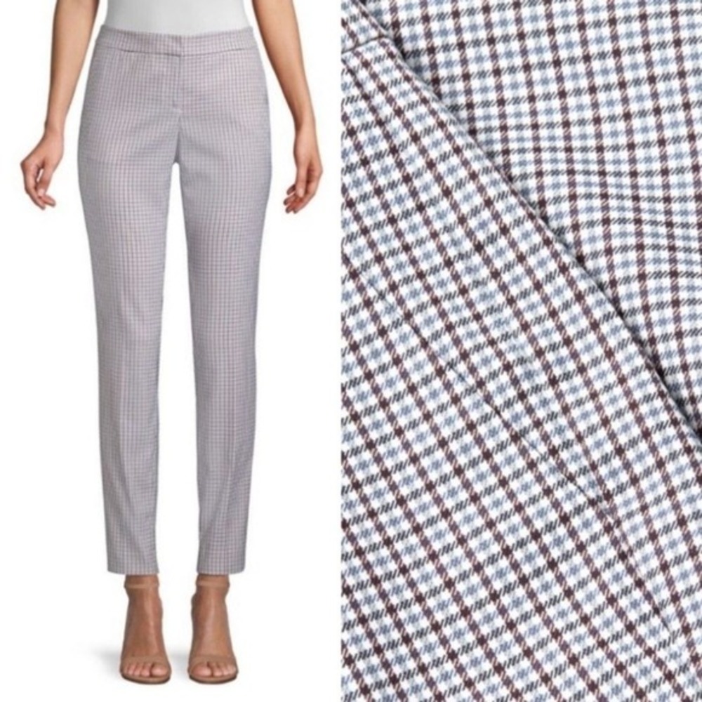 Lafayette 148 New York Manhattan Slim Leg Micro Check Pants Blue Brown Size 2